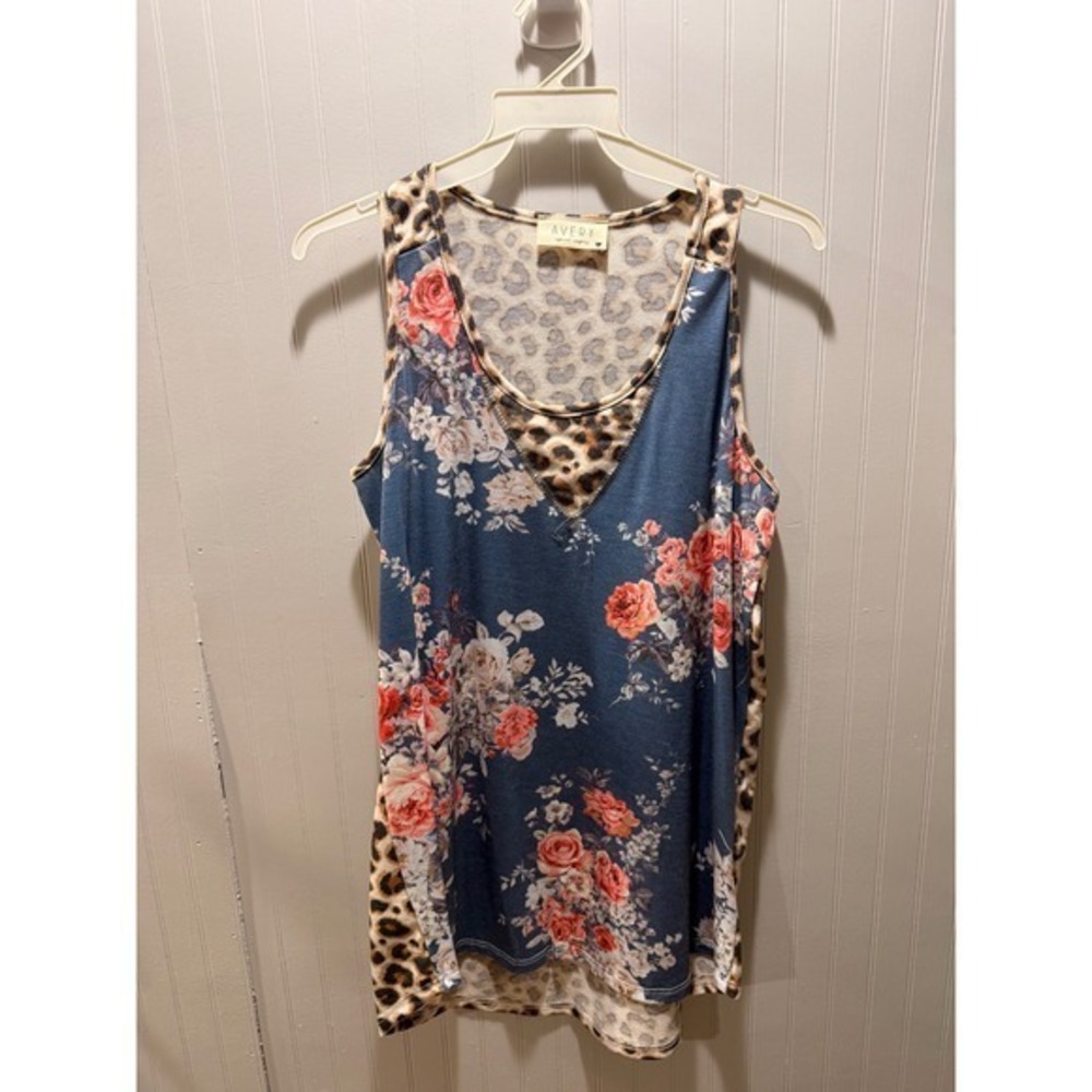 Avery Apparel Company Womens Floral Leopard Mixed Print Tank Top Blue